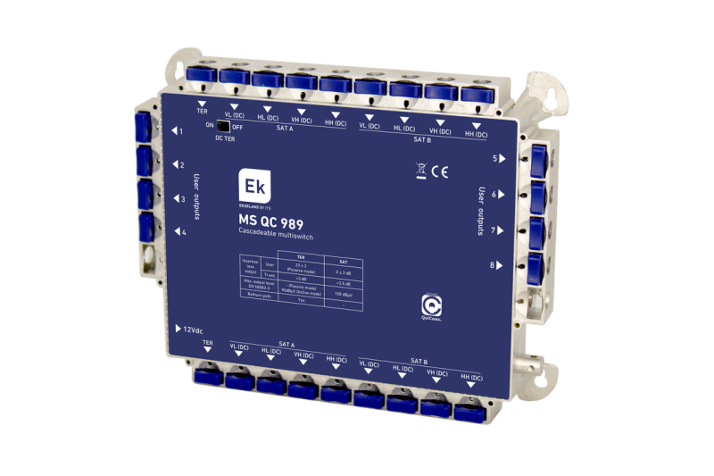 Multiswitch de 9 x 8 en estrella/final de cascada. 9 entradas (8 SAT + 1 TER), 8 salidas usuario, 9 salidas troncales Multiswitch de 9 x 8 en estrella/final de cascada. 9 entradas (8 SAT + 1 TER), 8 salidas usuario, 9 salidas troncales